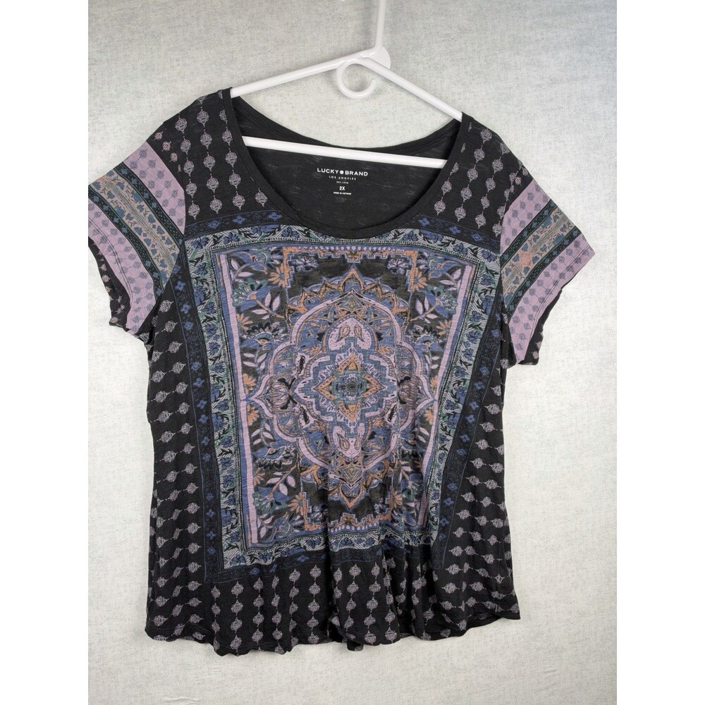 Lucky Brand Womens Short Sleeve Top Plus 2X Boho Perisian Print Tee Shirt Light